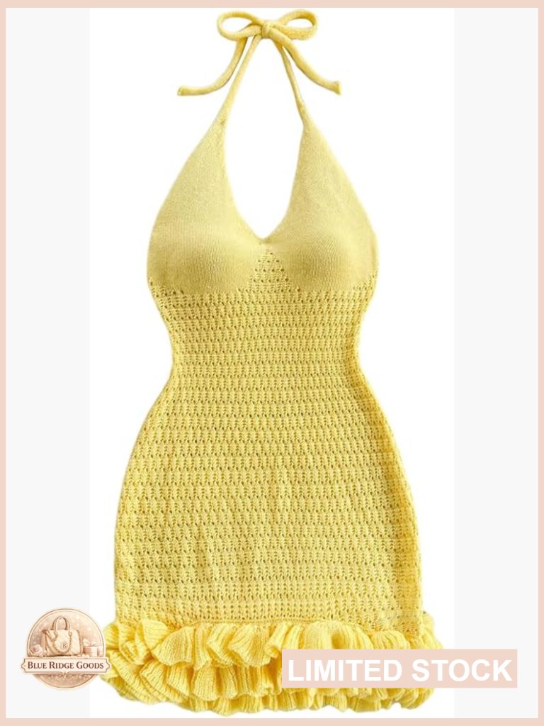 Crochet Halter Knit Bubble Mini Dress Y2k Bodycon Beach Vacation Outfit
